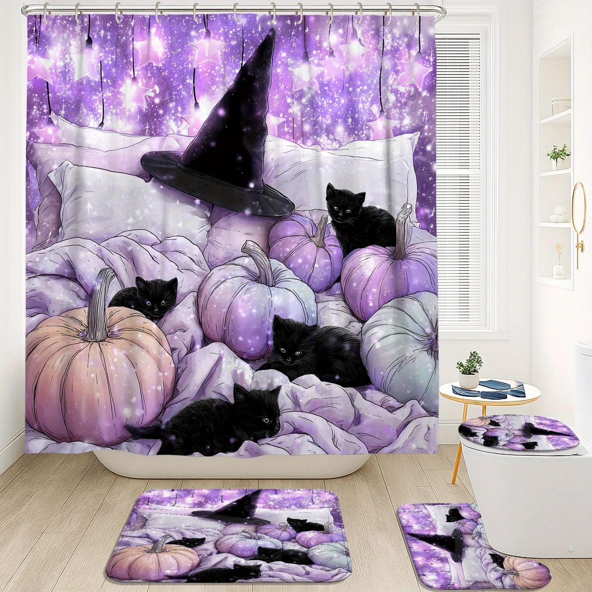 4pcss Halloween Cat Shower Curtain Set - Spooky Modern Polyester Fabric with Hooks, Violet Pumpkin & Black Cat Design, Machine