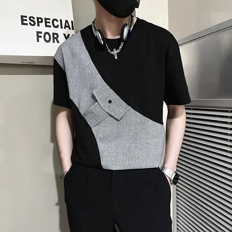 Patched Houndstooth Short Sleeve Men's T-Shirt Summer Lightweight Cool Ice Silk Top