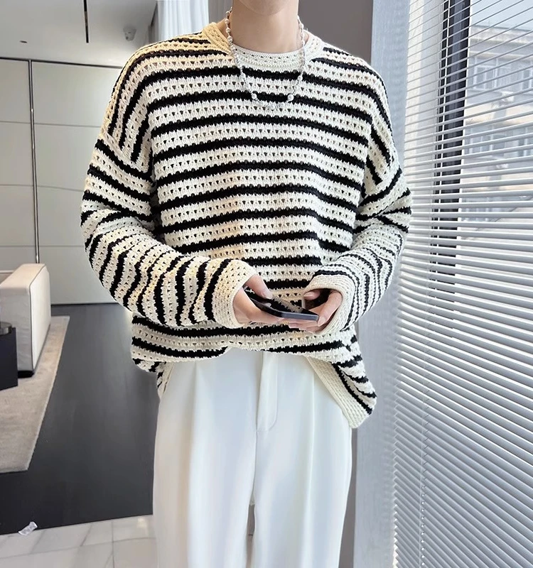 

Осенний ретро ажурный цветной трикотаж в полоску, мужской базовый слой, корейский ленивый слей, модный молодой витали, ру...