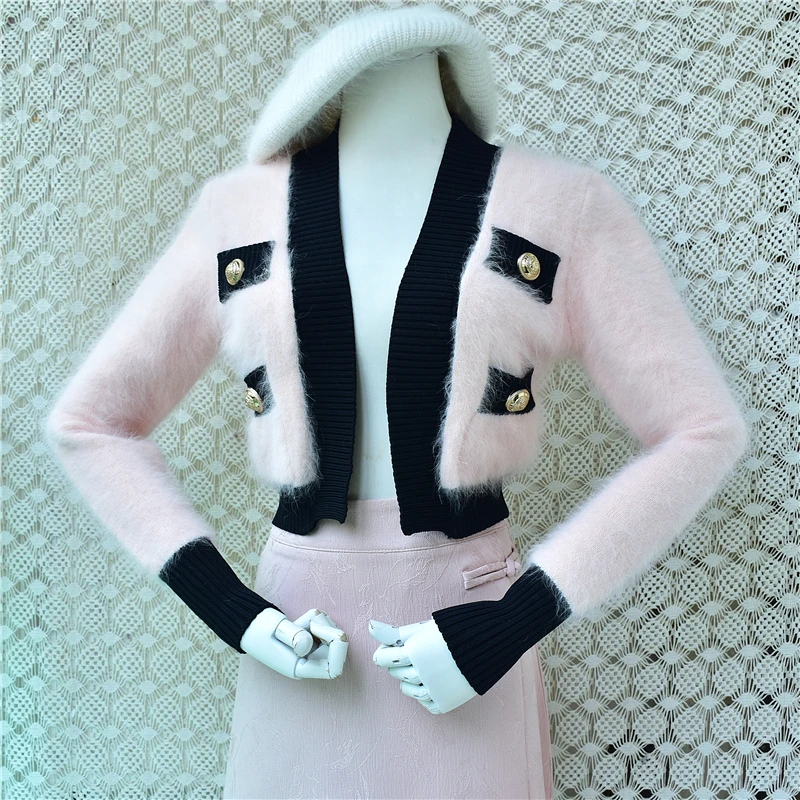 Ladies Women Autumn Winter Fashion Colored Hairy Angora Rabbit Hair Crop Top Elegant Fashion Sim Cardigans Sweater Jacket Pull