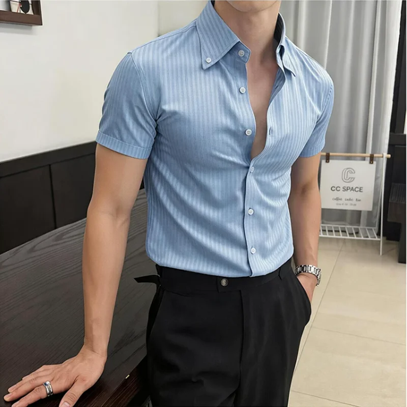 Summer New Dark Striped Pointed Collar Short Sleeved Shirt 2026 Men's Business Slim Fit Casual Versatile Men's Shirts Tuxedos