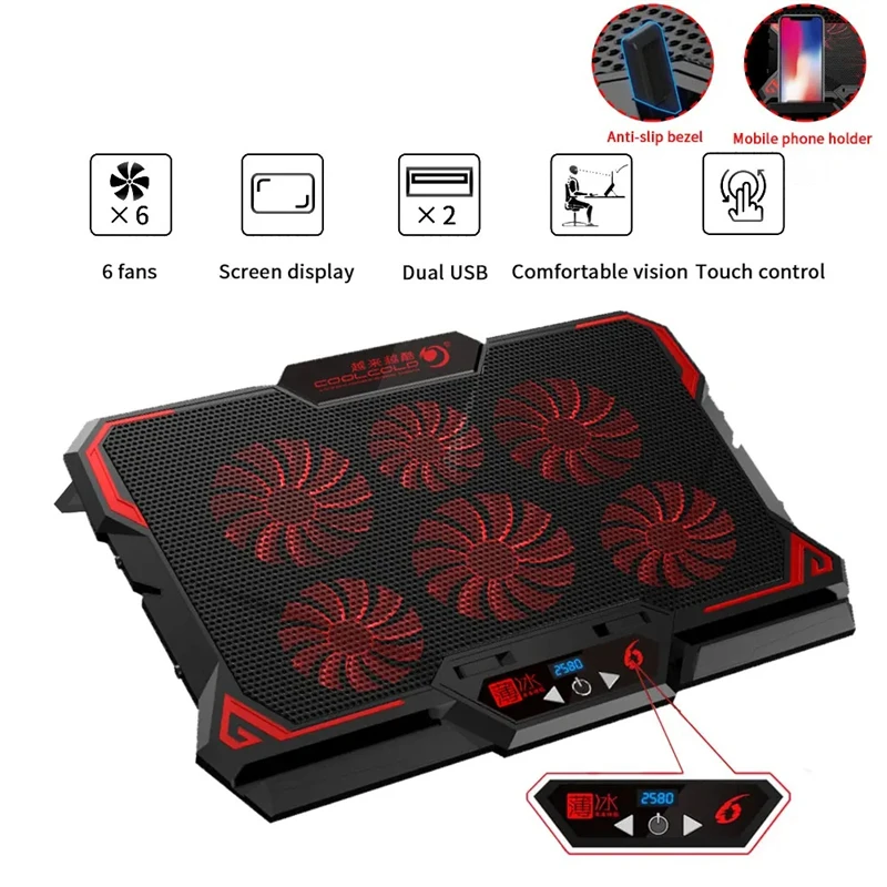 

17Inch Gaming Laptop Cooler Six Fan Adjustable Wind Speed Led Screen Usb Port 2600Rpm Laptop Cooling Pad Notebook Laptop Stand