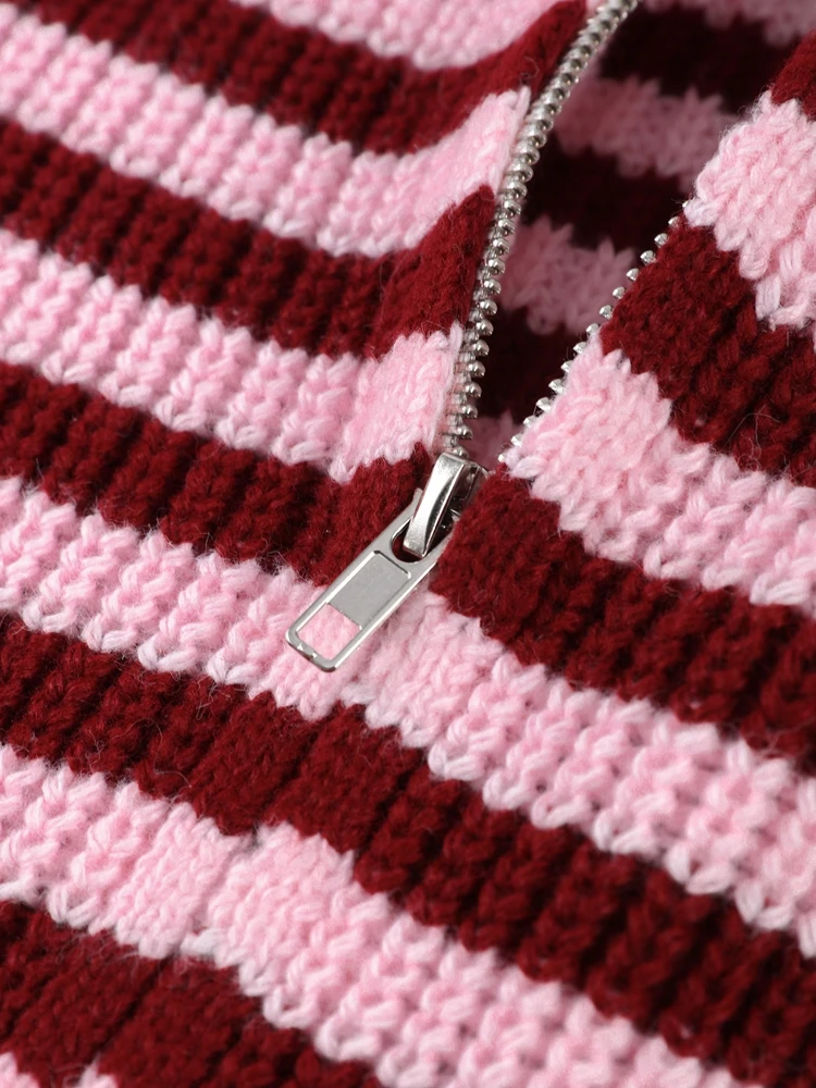 

2026, весенне-осенний женский повседневный прогулочный повседневный одинаковый женский полосатый вязаный свитер на молнии с воротником и длинными рукавами, пальто