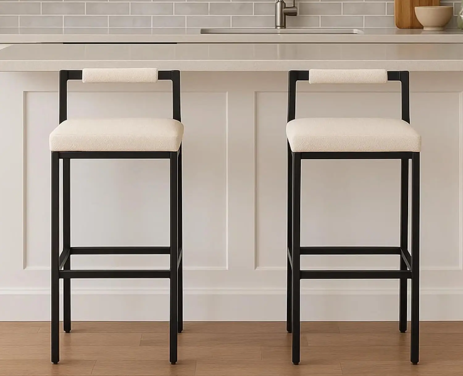 

White Modern Bar Stools Set of 2 Low Back Linen Counter Height Upholstered Kitchen Island Metal Leg 30 Inch, Customized