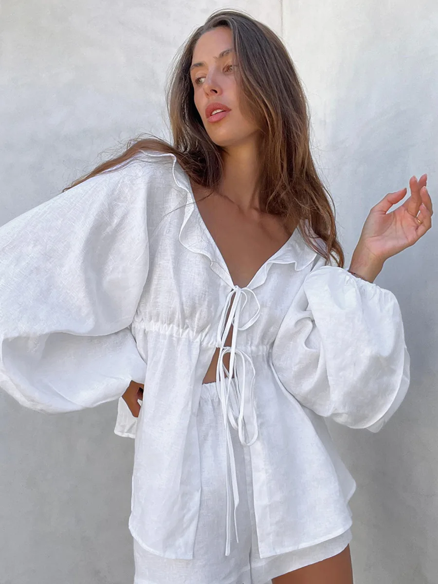 Casual Loose Pajamas Set Lantern Sleeve Shirt Suits Summer Cotton Shorts Ruffles Lace Up Tops Two Piece Sets White Outfits 2023