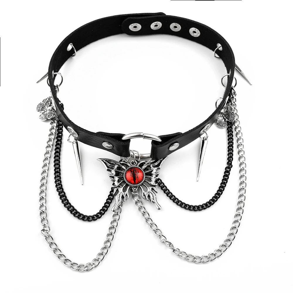 

Gothic Punk Rivet Spike Red Evil Eye Butterfly Double-Layer Chain Pu Leather Choker Necklace for Women Men Alloy Jewelry Gift