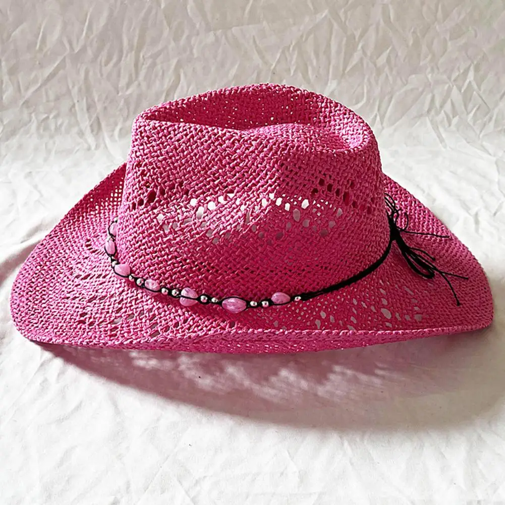 Summer Straw Hat Hollow Out Foldable Adjustable Bead Decor Curled Edge Strap Western Cowboy Style Outdoor Cap 여성모자