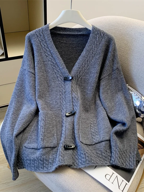 Senhoras tamanho grande camisola de malha inverno casual sle artístico preguiçoso sle botão até longo sve v ne cor malhas