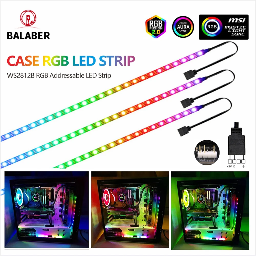 PC WS2812b LED Strip Light Addressable Rainbow Digital for 5V 3pin ARGB Header PC Case Asus Aura Sync RGBIC Fusion MSI Mystic 5V