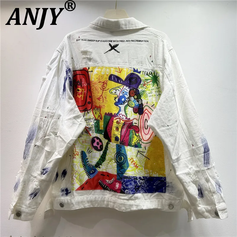 

ANJY, осенняя новая женская европейская стильная шикарная рваная джинсовая куртка с нашивкой граффити, уличная модная карманная шикарная повседневная куртка A14503