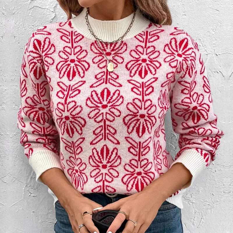 Autumn Winer Ladies Warm Jumper Sweaters Long Sleeves Mock Neck Knitted Sweater Women Pullover Vintage Floral Jacquard Tops