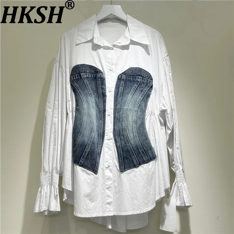 

HKSH Spring Autumn New Women's Shirt Long Sleeves Denim Patchwork Color Block Slimming Versatile Elegant Blouse Y2K Tops HK16439