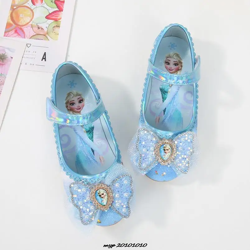 Disney Princess Kids Leather Shoes For Girls Frozen Elsa Glitter Crystal Children Flat Heel Girls Single Shoes Butterfly Shoe