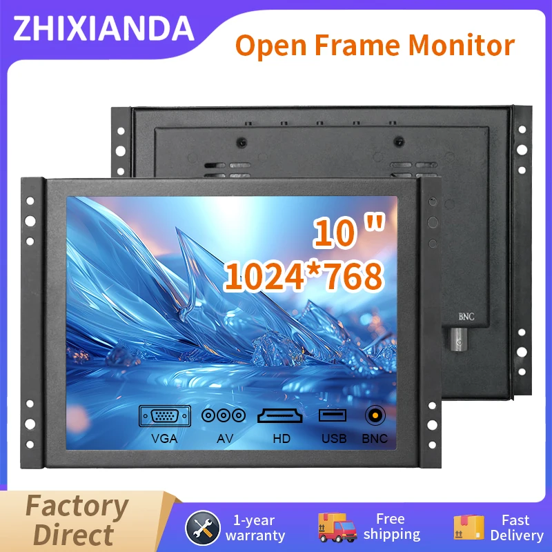 Zhixianda 10 Inch 1024*768 Industrial Open Frame Monitor Capacitive Resisitve Touch Screen Display With AV BNC VGA HDMI USB