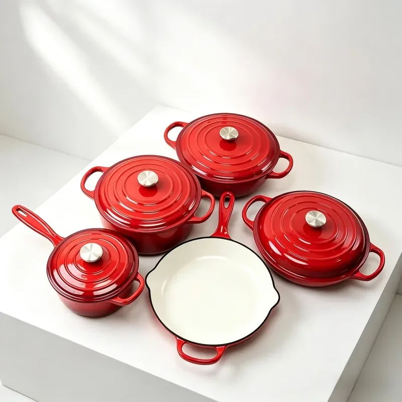 5 Piece Enameled Cast Iron Cookware Set Dutch Oven Grill Frying Sauce Pan Casserole Kitchen Pot Nonstick Induction Compatible