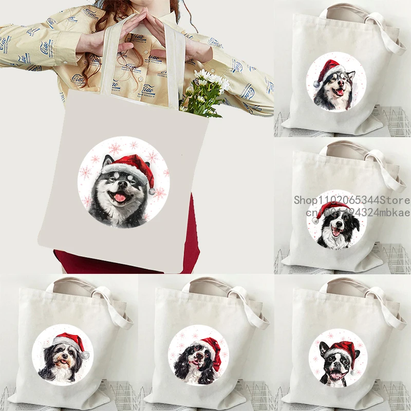 Kawaii Canvas Shoulder Bag Christmas Husky Shepherd Dog Bulldog Pattern Women's Handbags Fashion Animal Dog Lover Teen Tote Bag