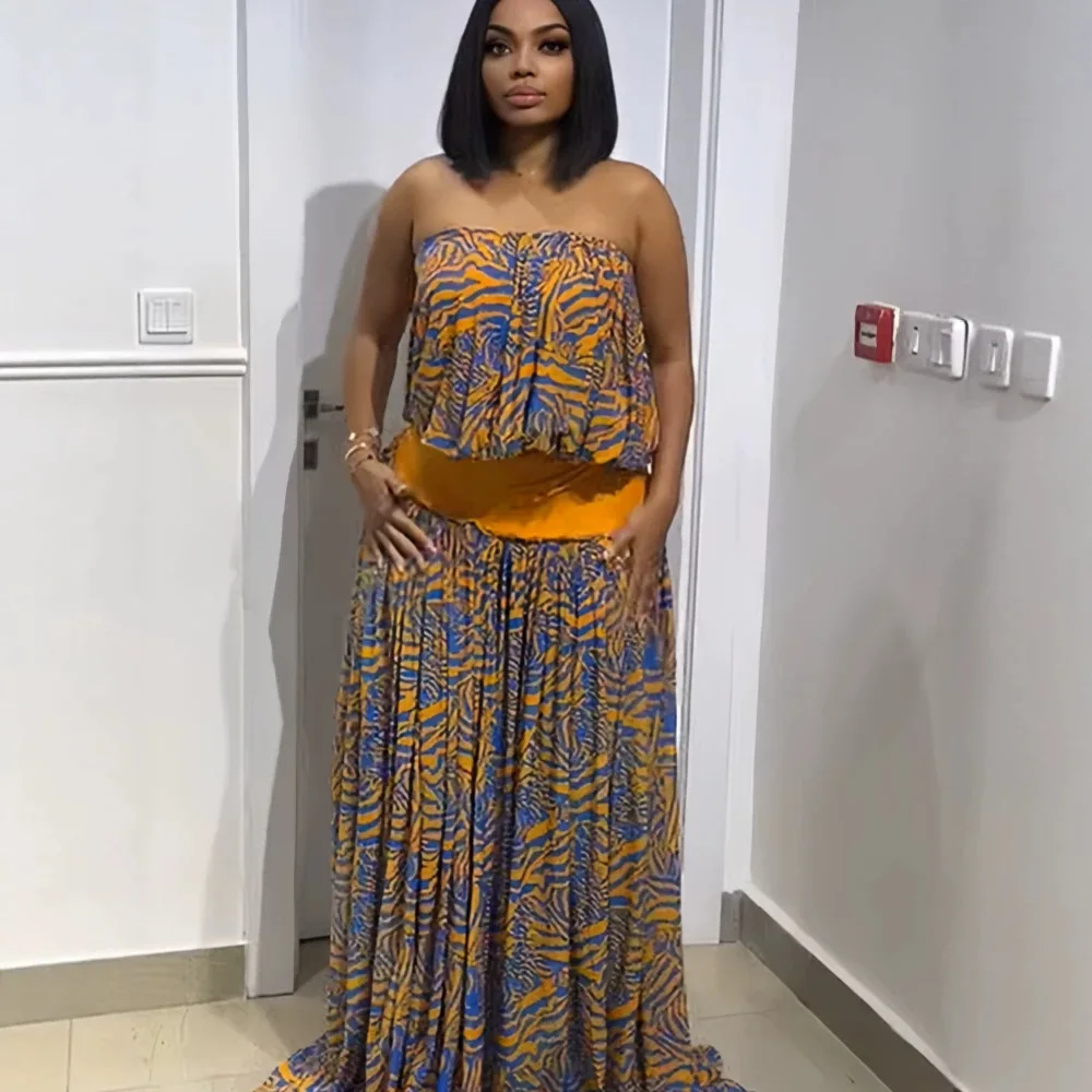 2026 Summary Sleeveless Floral. Top + Pleated Long Skirt Elegant Two-piece Set For Vacation Summer Maxi Dress Maxi Elegant Party