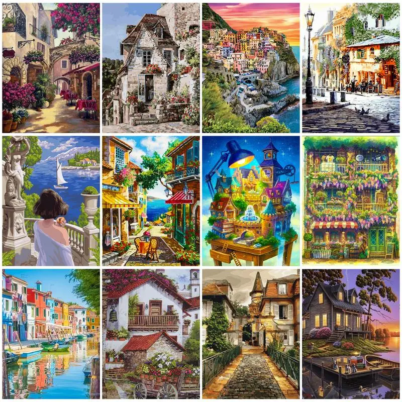 

CHENSITORY Frame DIY Painting By Numbers Town Scenery Diy Acrylic Paint On Canvas Picture By Numbers For Home Decors Artwork Gif