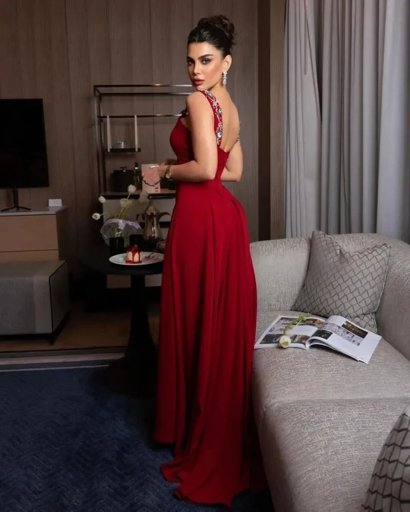 

Red Evening Dresses 2025 Women Prom Dresses With Beading Straps Party Dresses Floor Length vestidos para mujeفساتين سهرة