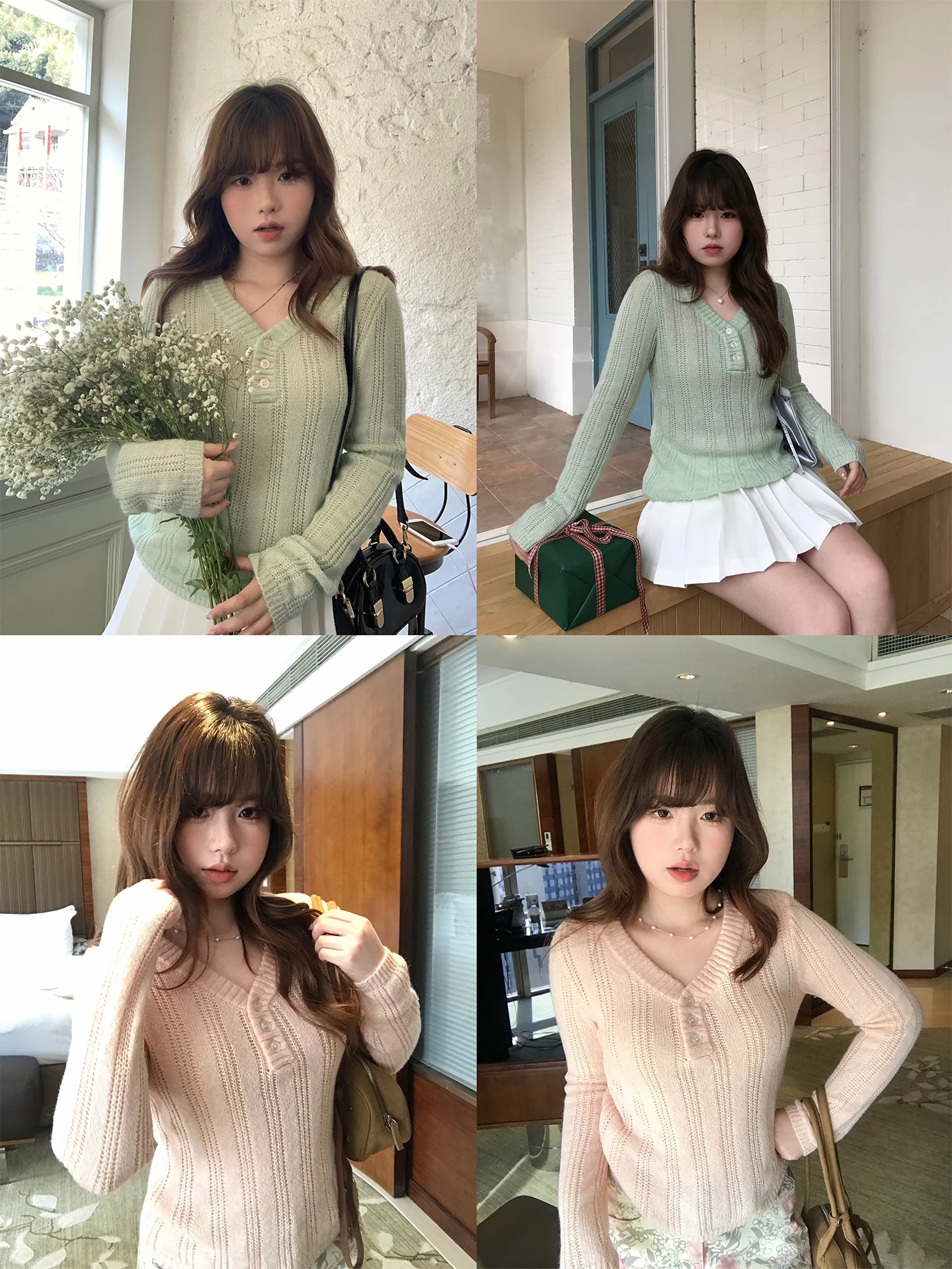 

Sweet Sle Knitted Sweater Hollow out V-Ne Pullover Women's Top Vegetable Orbs Poer Fog Sweet Tea Korean Sle