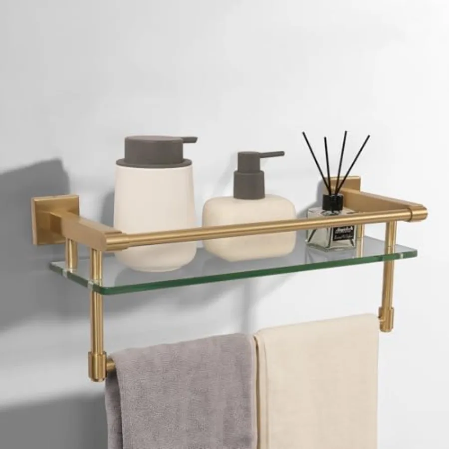 

Bathroom Glass Shelf Finish with Towel Rack, SUS304 Stainless Steel, 16-inch Tempered Glass Shelves for Wall