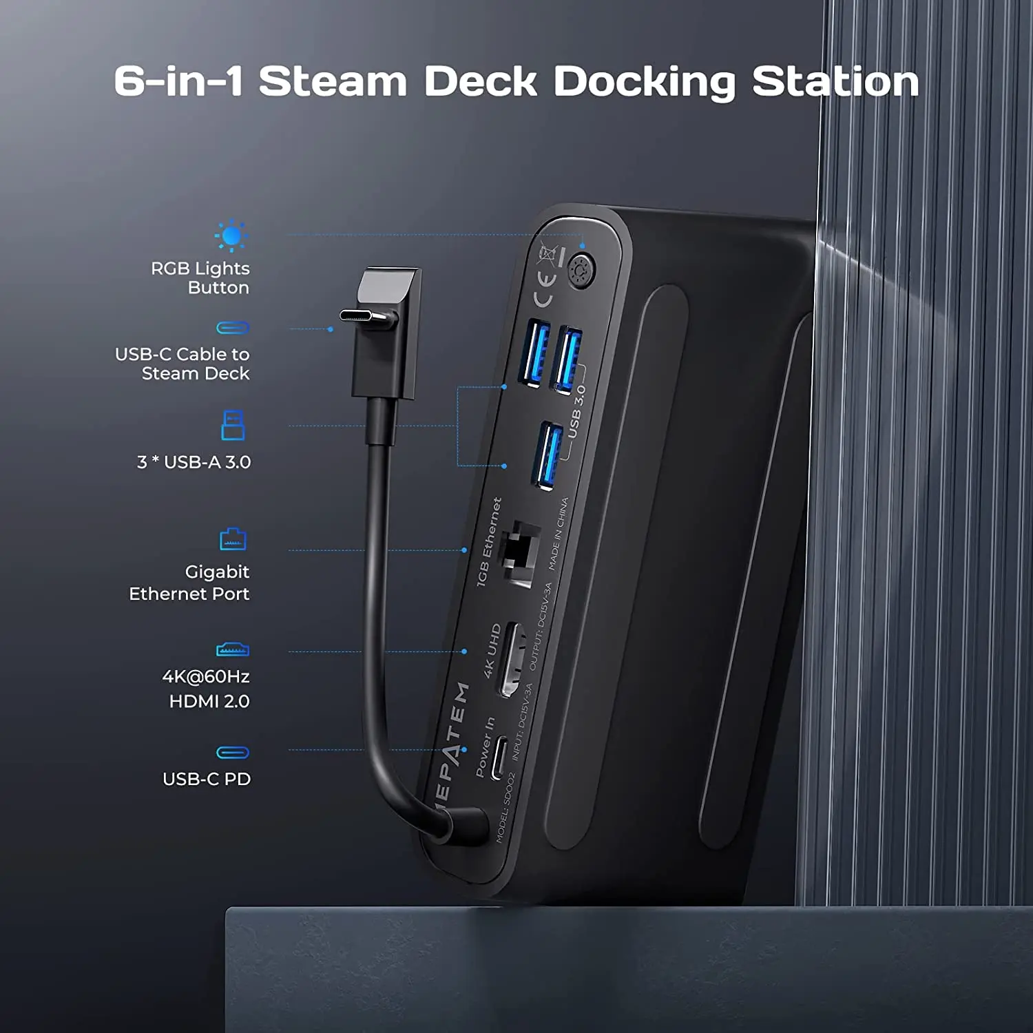 Docking Station for Steam Deck,6-in-1 Steam Deck Dock with HDMI 2.0 4K@60Hz, Gigabit Ethernet,3 USB-A 3.0,Steam Deck Accessories