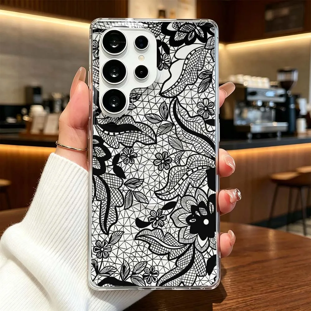 Art Black Floral Lace Pattern Cover For Samsung Galaxy S26 S25 S24 S23 S22 S21 Ultra FE Plus Transparent Magnetic Phone Case
