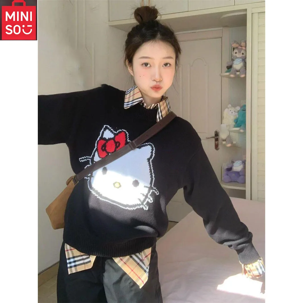 سترة صوفية مطرزة على شكل قطة كارتونية من MINISO Hello Kitty للطالبات + قميص منقوش بأكمام طويلة