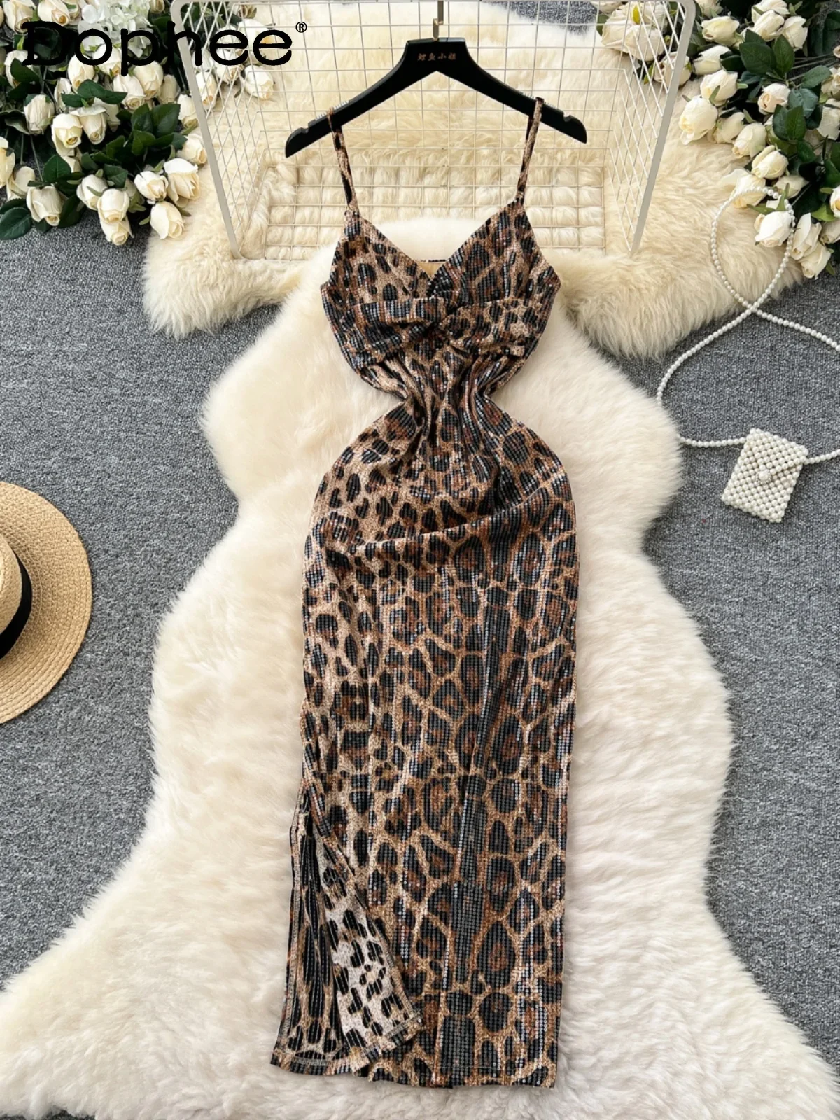 Sexy Girl Suspender Leopard Print Sequins Sparkle Dress Female Celebrity V Neck Slim Skinny Long Dress for Women 2025 New