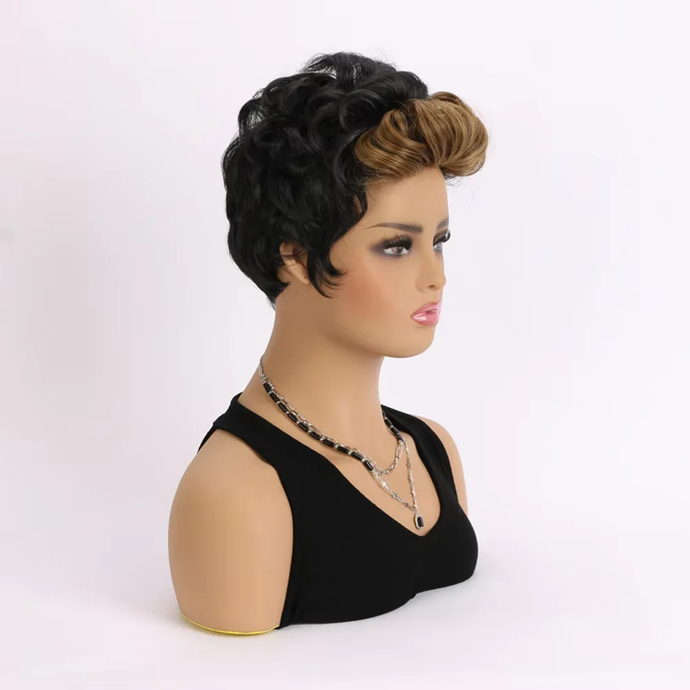 Synthetic Short Curly Pixie Cut Black Mixed Brown Bangs Wig for Women Daily Party Cosplay Fake Hair Heat Resistant