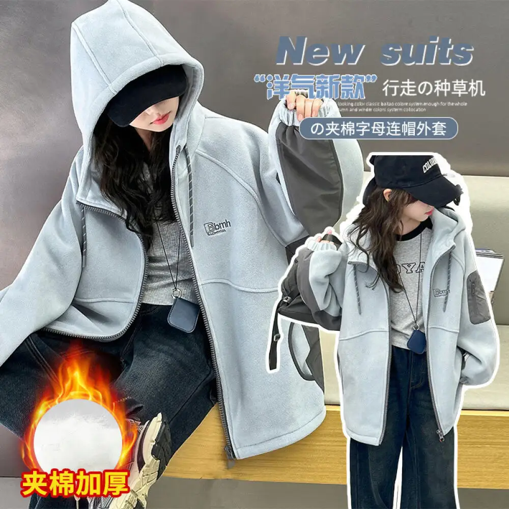 

Kawaii модное теплое ветрозащитное пальто с капюшоном для девочек, студенческое осенне-зимнее повседневное утепленное пальто с героями мультфильмов, детская одежда