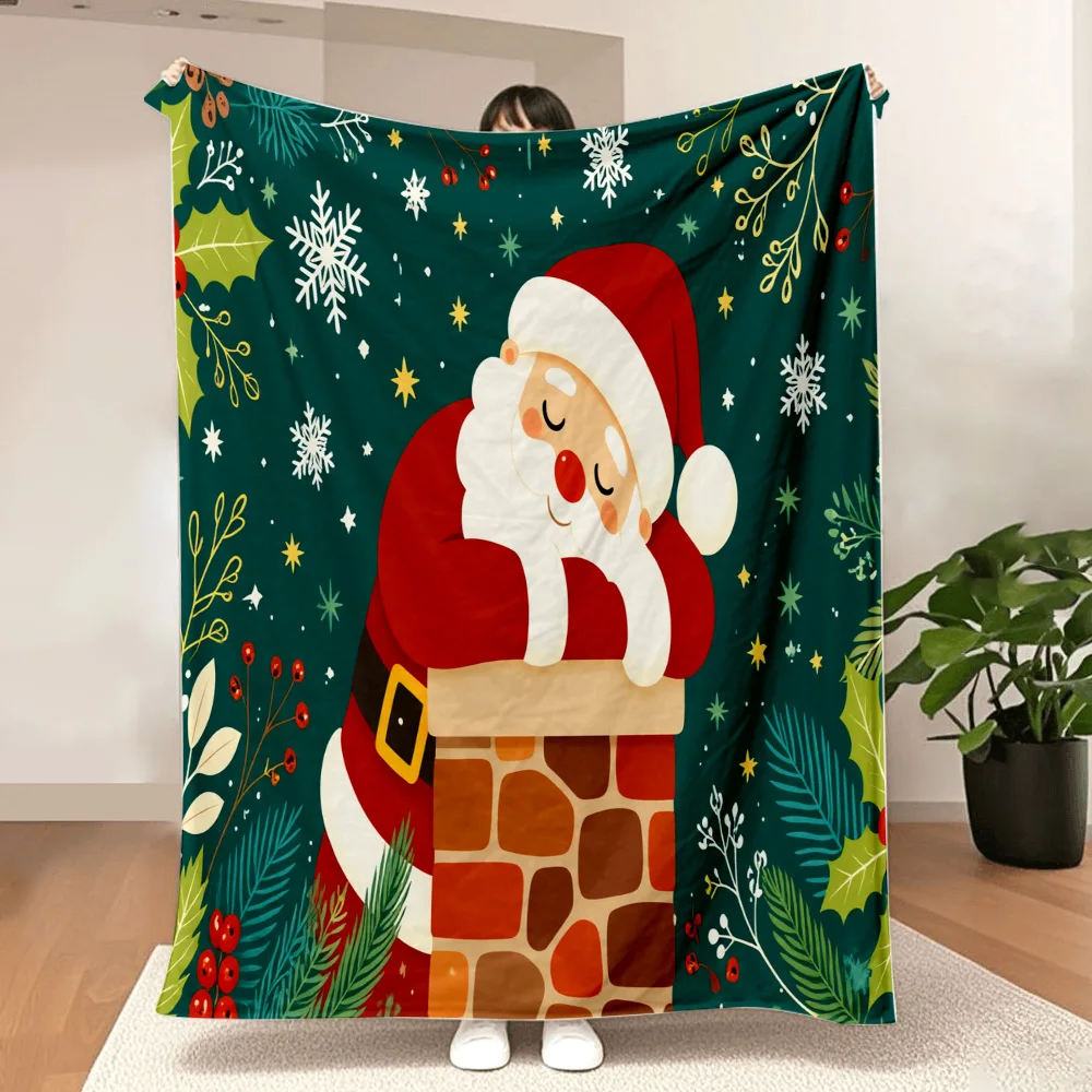 1PC Chimney Santa Print Blanket-Made of soft, cozy flannel, perfect for the couch or bed. Ideal for Christmas decorations, home