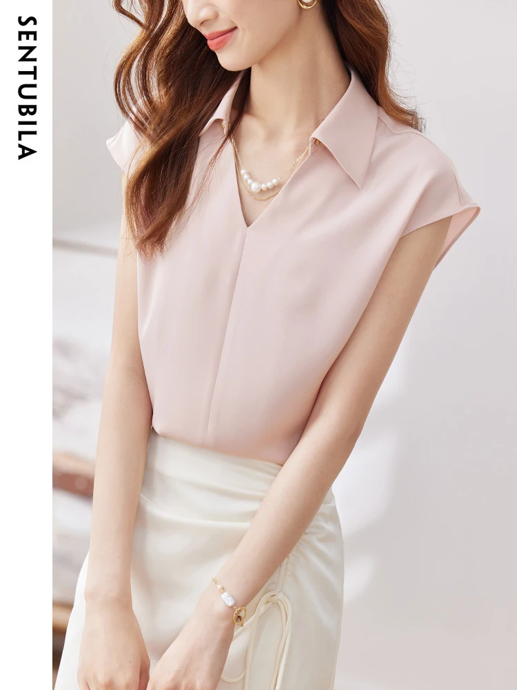 SENTUBILA Office Lady Chiffon Blouse 2024 Summer Turn-Down Collar Solid Sleeveless Shirt Top Woman Shirts & Blouses 132V49689