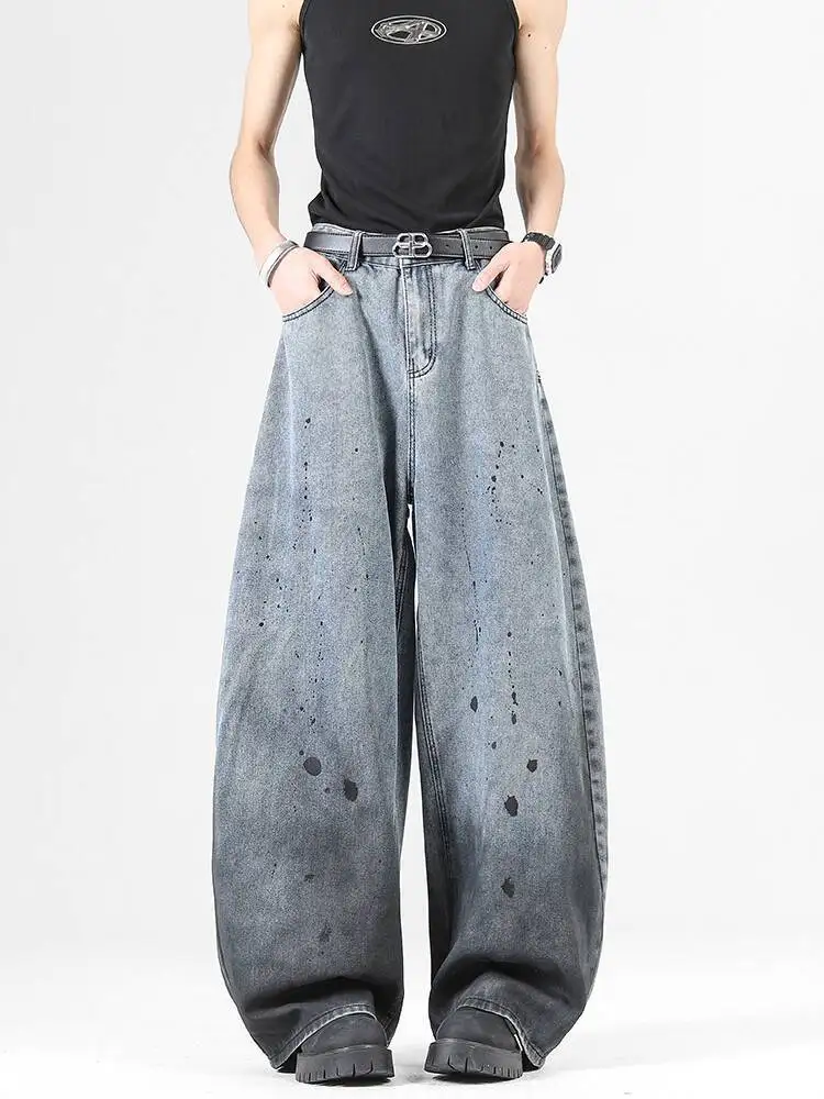 رجل الجينز 2025 الخريف جديد الرجال التدرج ترشيش الجينز ريترو الشارع فيبي منحني شفرة فضفاضة بنطال ذو قصة أرجل واسعة #2