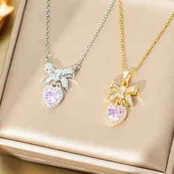 Stainless Steel Chain Sweet Pink Heart Zircon Bowknot Pendant Necklaces for Women Girls Luxury Collar Accessories Jewelry Gifts