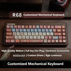 R68 Walnut Wood Mechical Keyboard Kit Hot Swap Gasket Wireless Tri-mode Ergonomics RGB Game Customized Mechanical Keyboards Kit