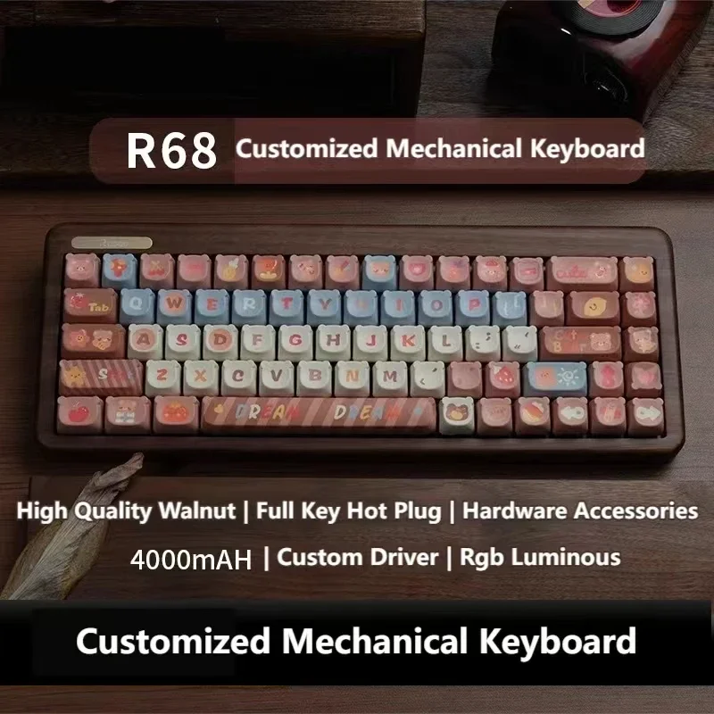 kit de teclado mecanico de madeira de noz r68 jogo ergonomico rgb trimodo sem fio junta de troca quente kit de teclados personalizados 01