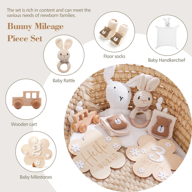 0-12 Months Newbaby Bath Set Rabbit Towel Wooden Crochet Rattle Flower Shape Milestone Beech Cart Cartoon Sock Baby's Birth Gift