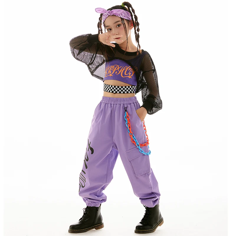 Ballroom Dancing Clothes Stage Costume 2023 Kids Hip Hop Dance Clothing purple Cargo Pants Black Net Tops For Girls Jazz