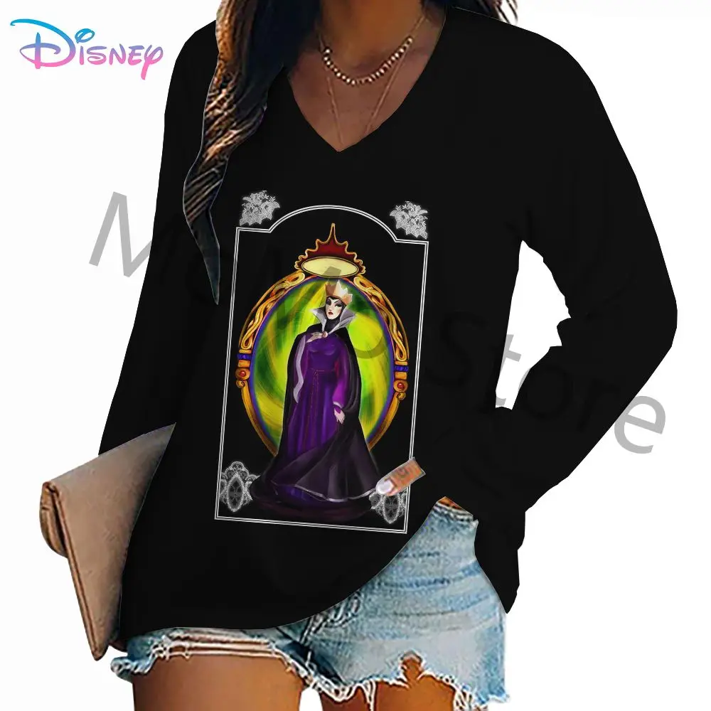 Disney Evil Queen Women's Long Sleeve T-shirts V Neck Streetwear New High Quality Autumn Clothes Fashion Lovely Top Leisure Y2k