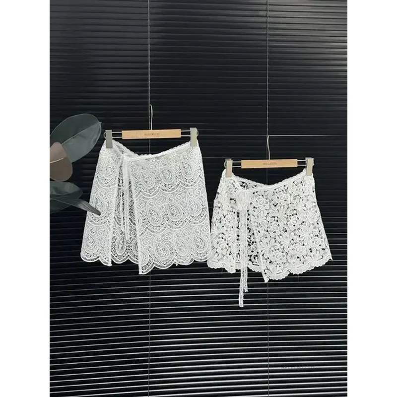 Lace Skirt Women's Clothing 2025 Faldas Mujer De Moda Bandage Slim Fit Saia Fashion Korean Summer Jupe Hollow Out Mini Skirts