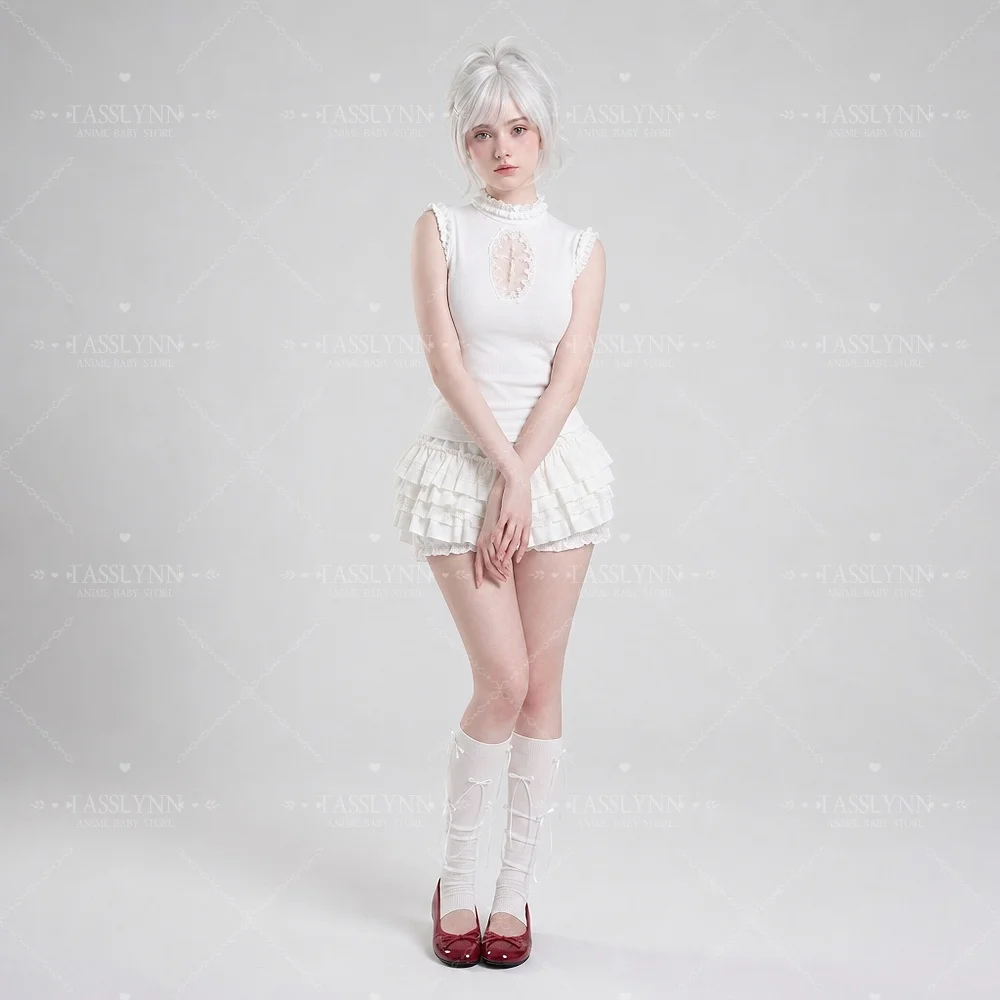 Sweet Gothic Lolita Two Piece Set, Cross Embroidery Hollow Top & Tiered Skort for Photoshoot & Party view 4