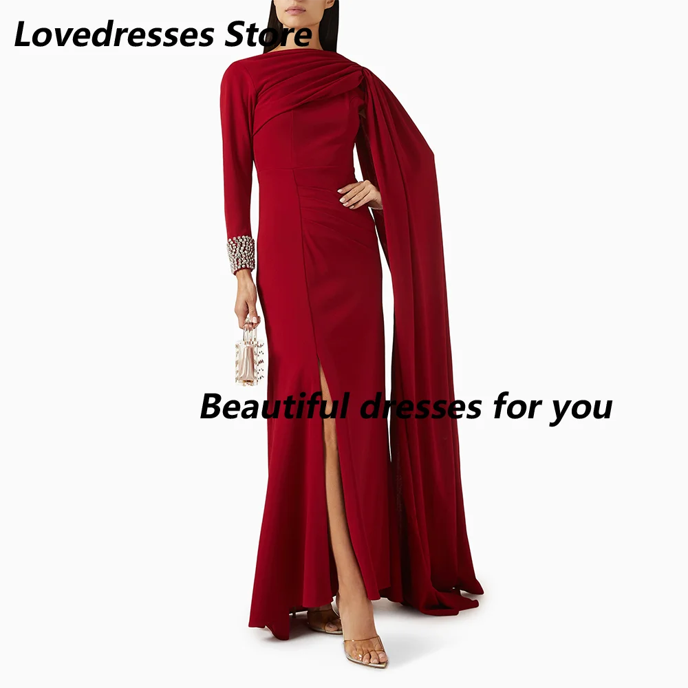 Wykwintne suknie wieczorowe Cekiny Kryształowe długie rękawy O Szyja Czerwone suknie wieczorowe dla kobiet Linia Suknia wieczorowa ślubna Dostosowane
