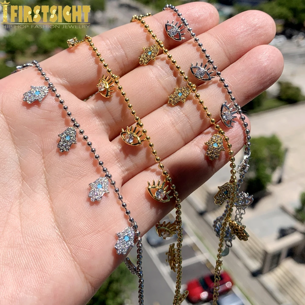 

New Hand Of the Angel Fatima Charm Anklat Iced Out Cubic Zirconia CZ Stone Lucky Eye Bead Chain For Women Fashion Summer Jewelry