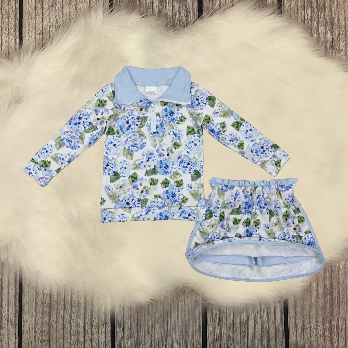 

Toddler Children Kids Clothing Long Sleeve Blue Flower Shirt Skirt Set for Baby Girls Floral Outfit with Skorts Shorts Wholesale