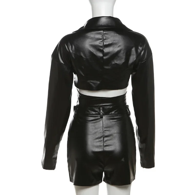 2024 Autumn Women Black PU Leather 2 Piece Set Lapel Long Sleeve Cross Sash Jacket Crop Tops + Shorts Casual Y2K Matching Suit