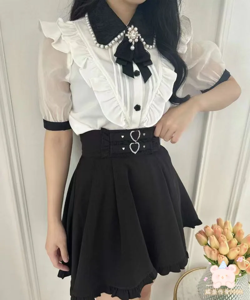 Japanse Stijl Rojita Nieuwe Parel Revers Kraag Lieve Kanten Shirt Mijn In Massa Geproduceerde Veelzijdige Blouse Zomer Korte Mouw Tops