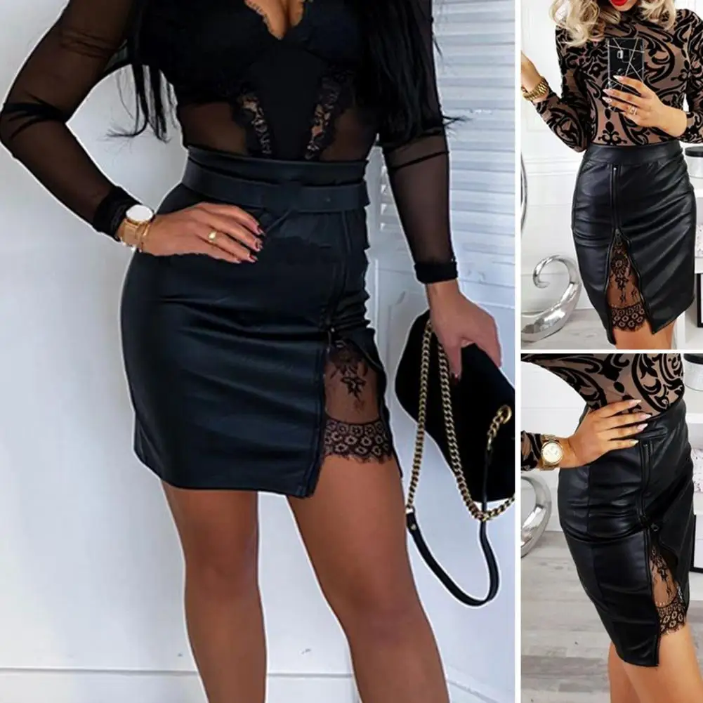 กระโปรงบอดี้คอนอเนกประสงค์สำหรับผู้หญิงกระโปรงมินิกระโปรงดินสอยืดหนังสังเคราะห์ลายลูกไม้กันลม ROK MINI