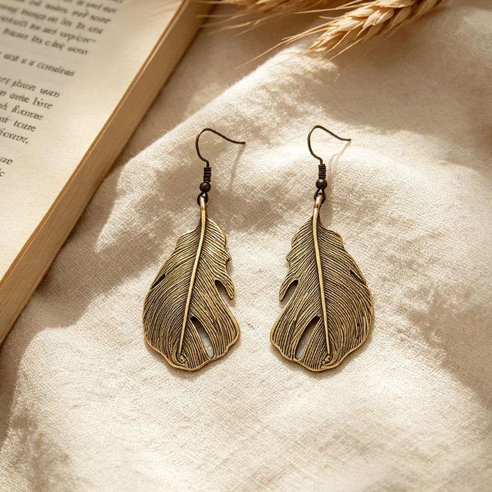 Vintage Antique Bronze Three-Dimensional Feather Dangle Earrings, Distressed Texture Hollow Leaf Earrings, Forest-Style Artistic Vintage Ambiance Accessories