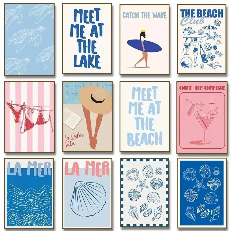 Seashells Meet Me At The Beach Poster Summer Bikini Coastal La Dolce Vita Canvas Painting Trendy Wall Art Room Home Decor